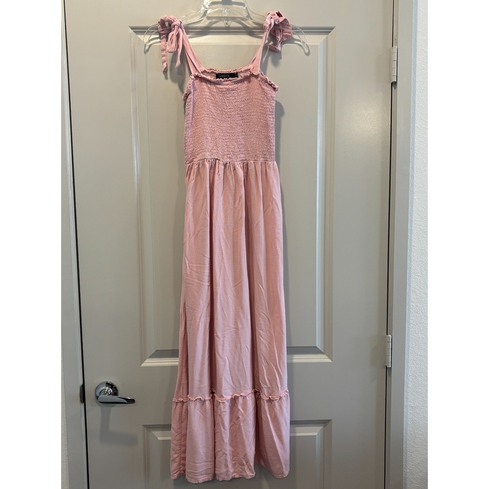 Zesica Maxi Dress Womens Medium Pink Smocked Chest Adjustable Strap Ruffle Hem